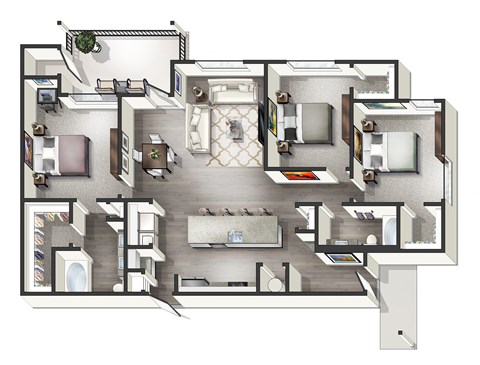 3 bed 2 bathroom B Beijing Floor Plan at Century Belmont Station, Louisville